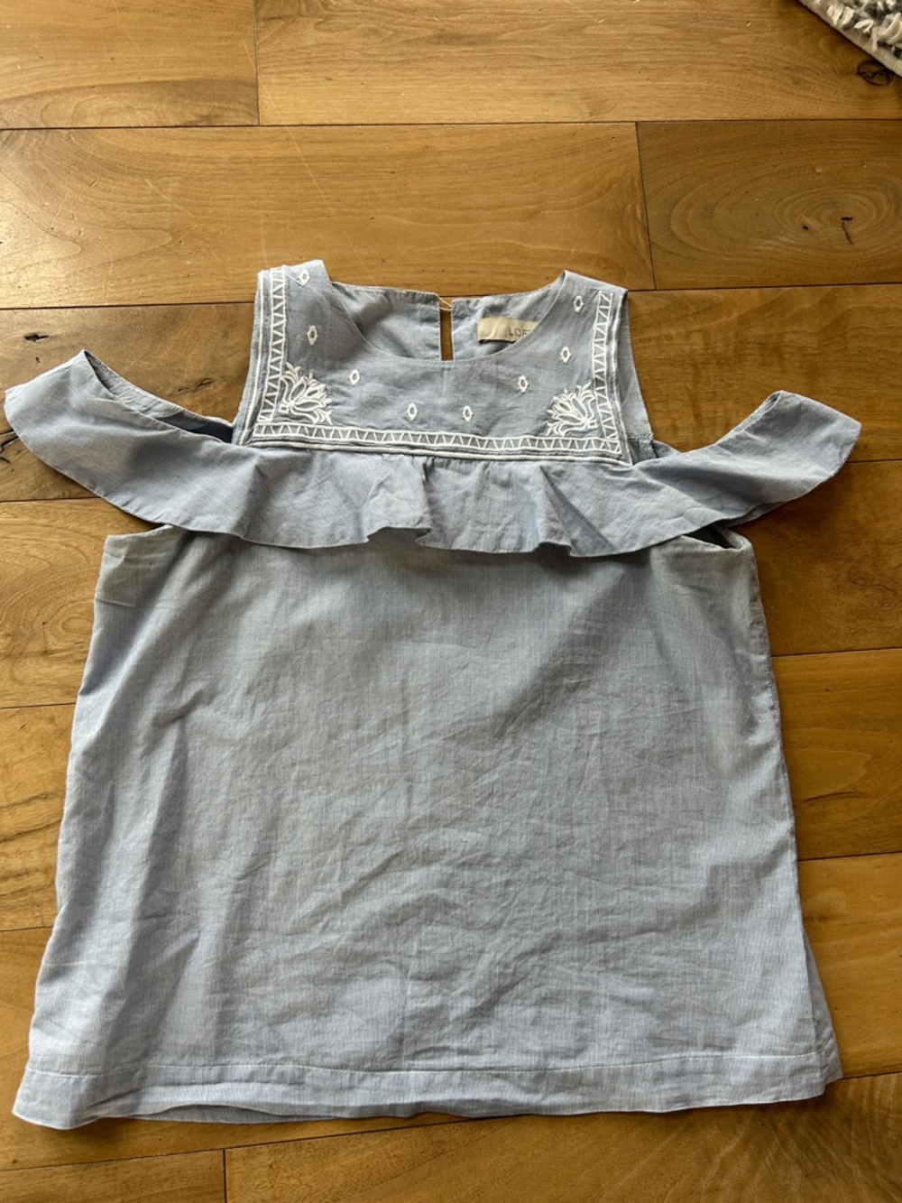 LOFT Light Blue and White Embroidered Ruffle Top, Size XSP